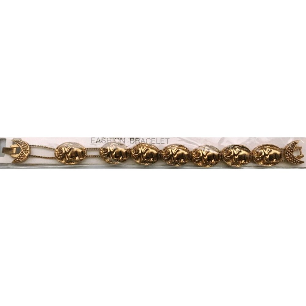 Lucky Elephants Trunks Up Slide Charm Bracelet New, Old Stock Vintage Gold Tone